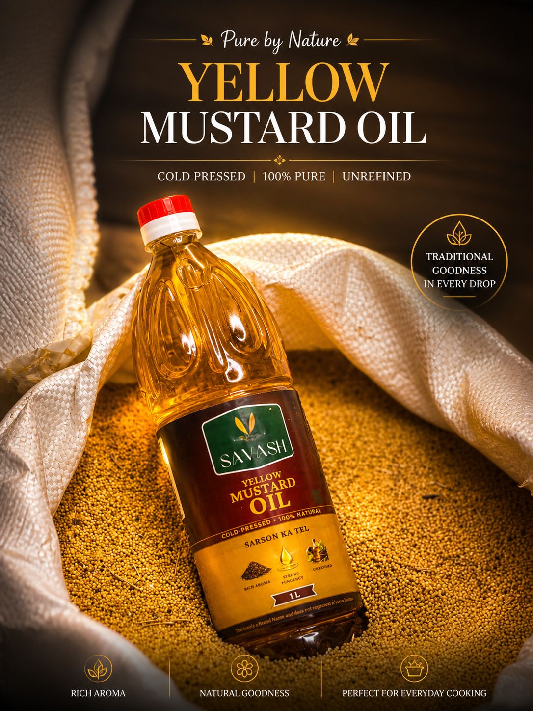 SAVASH Yellow Mustard Oil bottle on a bed of yellow mustard seeds