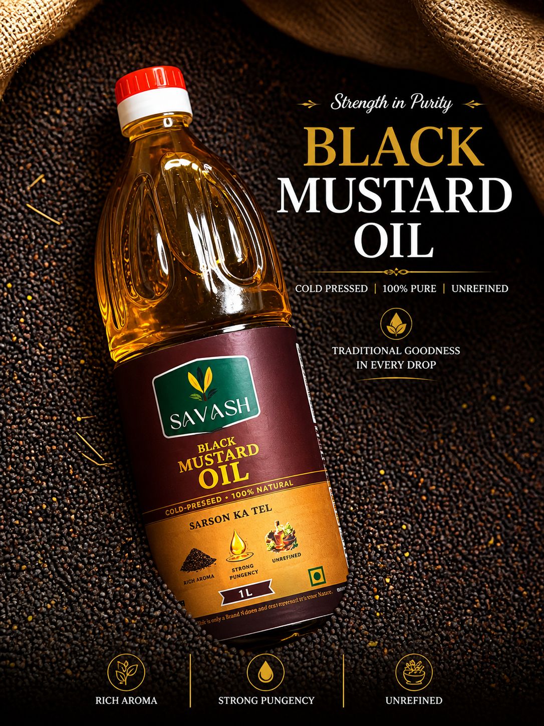SAVASH Black Mustard Oil bottle on a bed of black mustard seeds