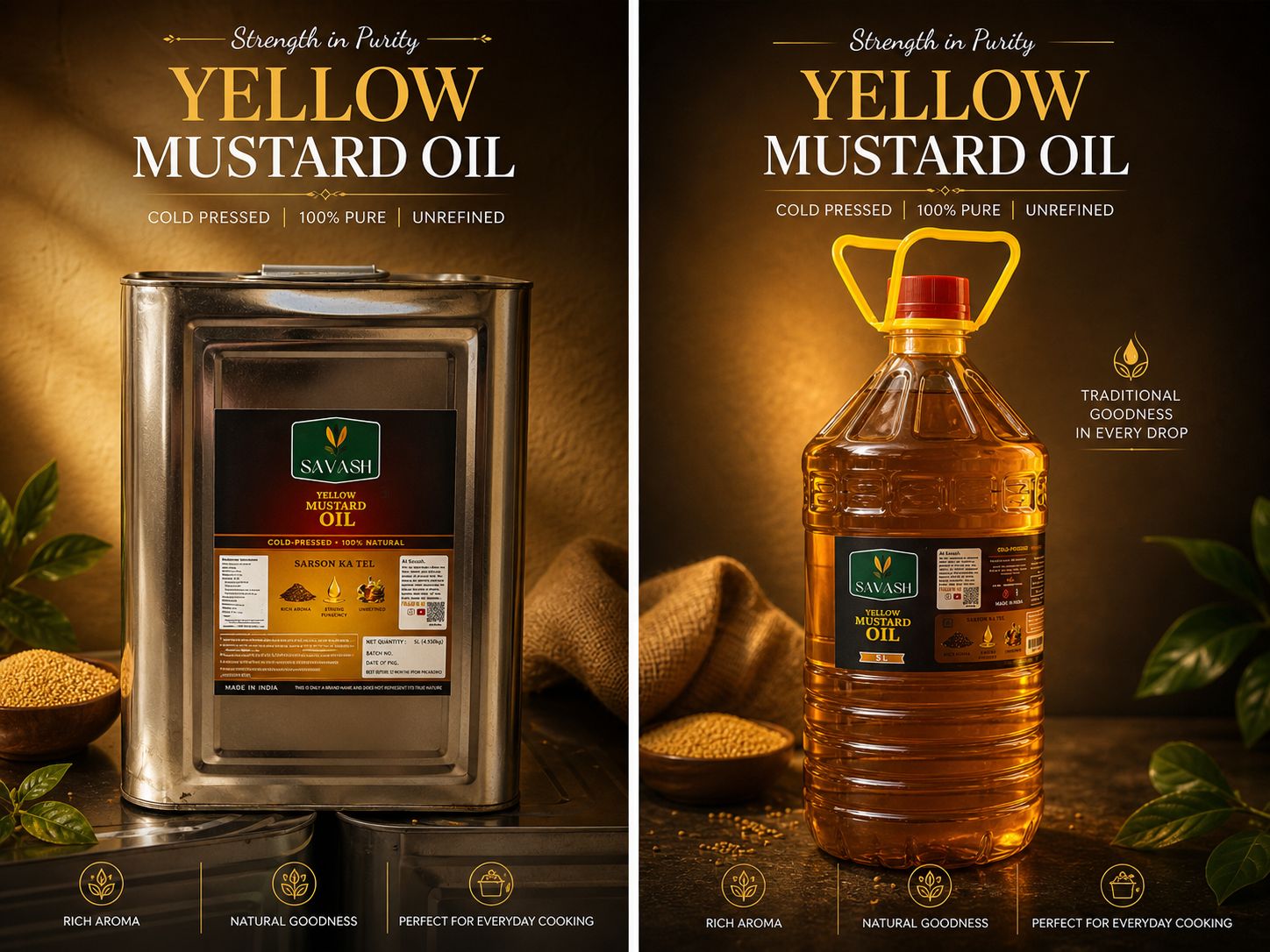 SAVASH Yellow Mustard Oil — bulk 5L tin and 5L jug for B2B and institutional buyers