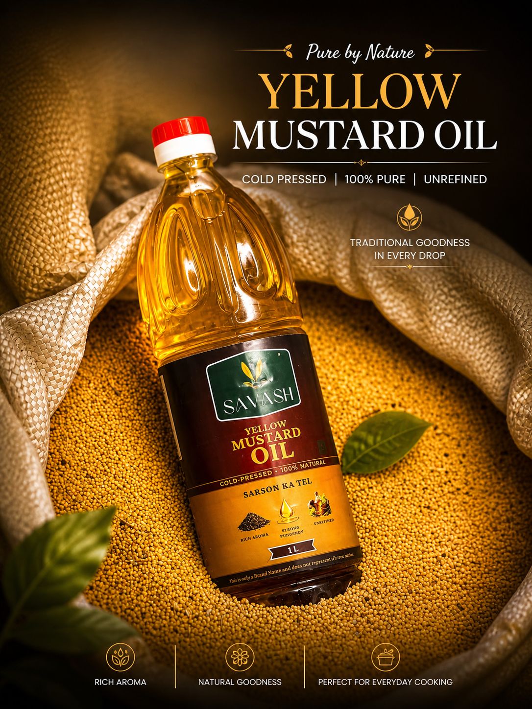 SAVASH Cold-Pressed Yellow Mustard Oil bottle on a bed of mustard seeds